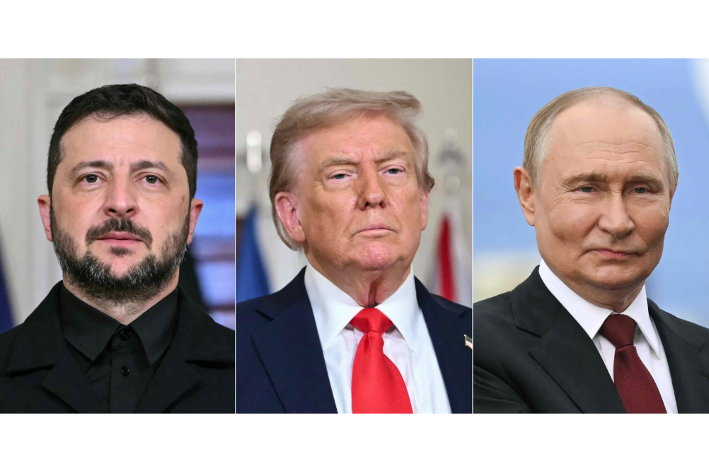 US President Donald Trump (centre) Ukrainian President Volodymyr Zelensky (left) and Russian President Vladimir Putin (right). Photo by Andrew Caballero-Reynolds/AFP