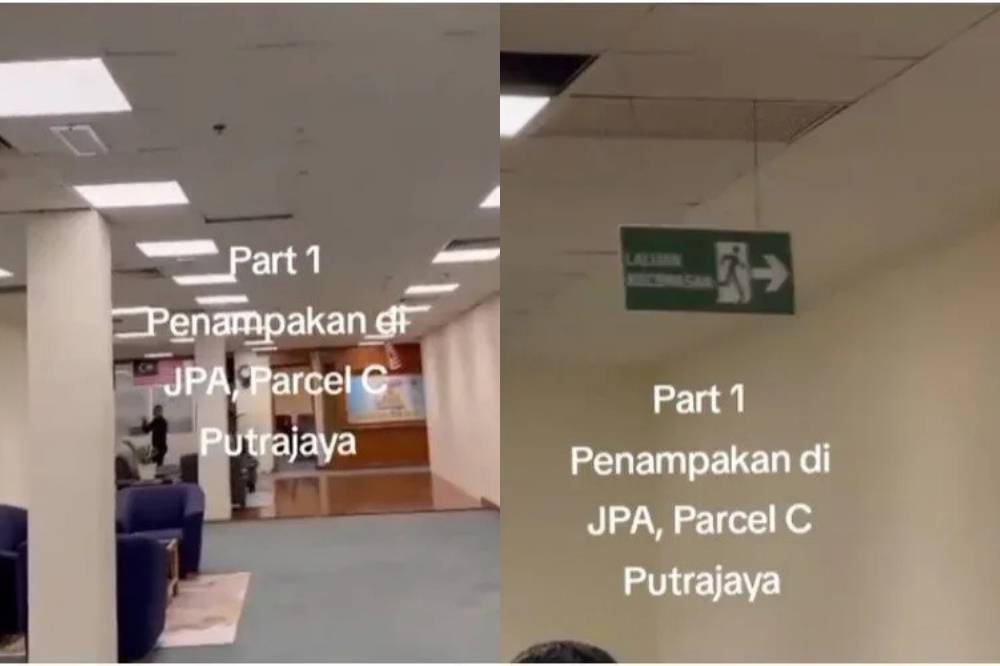 A viral TikTok video showing a swaying emergency exit sign at Complex C, Putrajaya, has sparked claims of supernatural activity linked to recently felled trees said to house spirits. Photo: Screenshot from TikTok