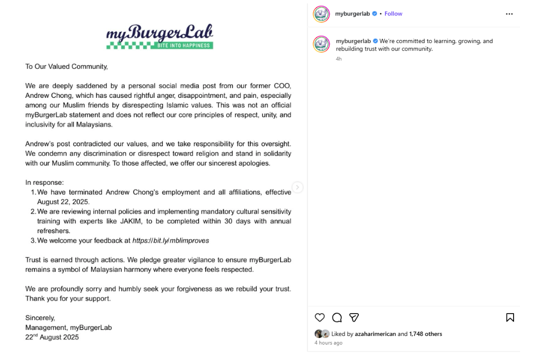 myBurgerlab uploaded a statement earlier today via Instagram. Photo: Instagram 