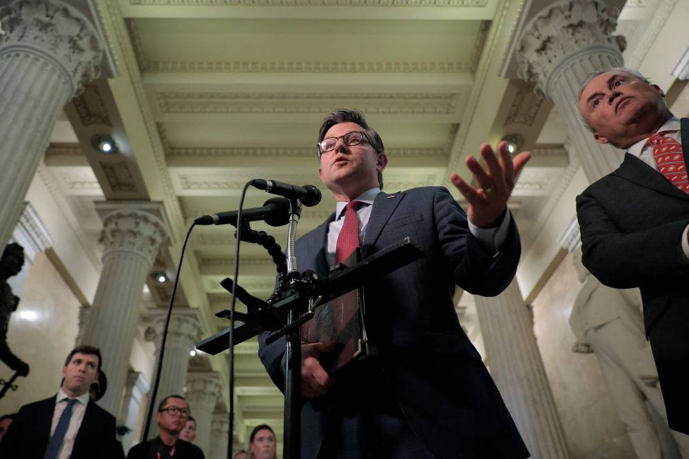 Speaker of the House Mike Johnson (R-LA) and House Oversight and Government Reform Committee Chairman James Comer (R-KY) talk to reporters after meeting with some of Jeffrey Epstein's accusers at the US Capitol on Sept 2, 2025 in Washington, DC. - (Photo by CHIP SOMODEVILLA / GETTY IMAGES NORTH AMERICA / Getty Images via AFP)