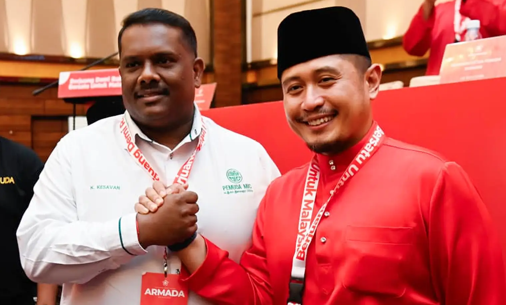 MIC Deputy Youth Chief K Kesavan and Bersatu Armada Chief Muhammad Hilman Idham poses for a photo. (LOCAL MEDIA PHOTO) 