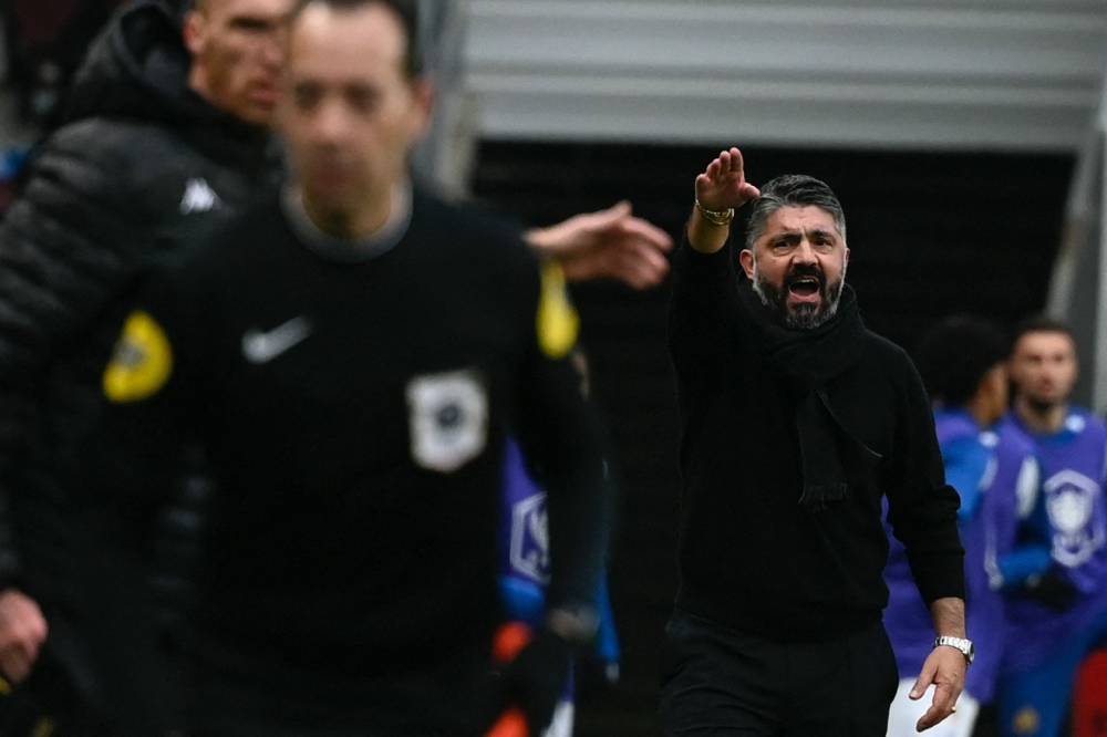 Gennaro Gattuso gestures during the French Cup round of 64 football match between US Thionville Lusitanos and Olympique de Marseille (OM) at the Saint-Symphorien Stadium in Longeville-les-Metz, eastern France, on January 7, 2024. (Photo by Jean-Christophe VERHAEGEN / AFP)