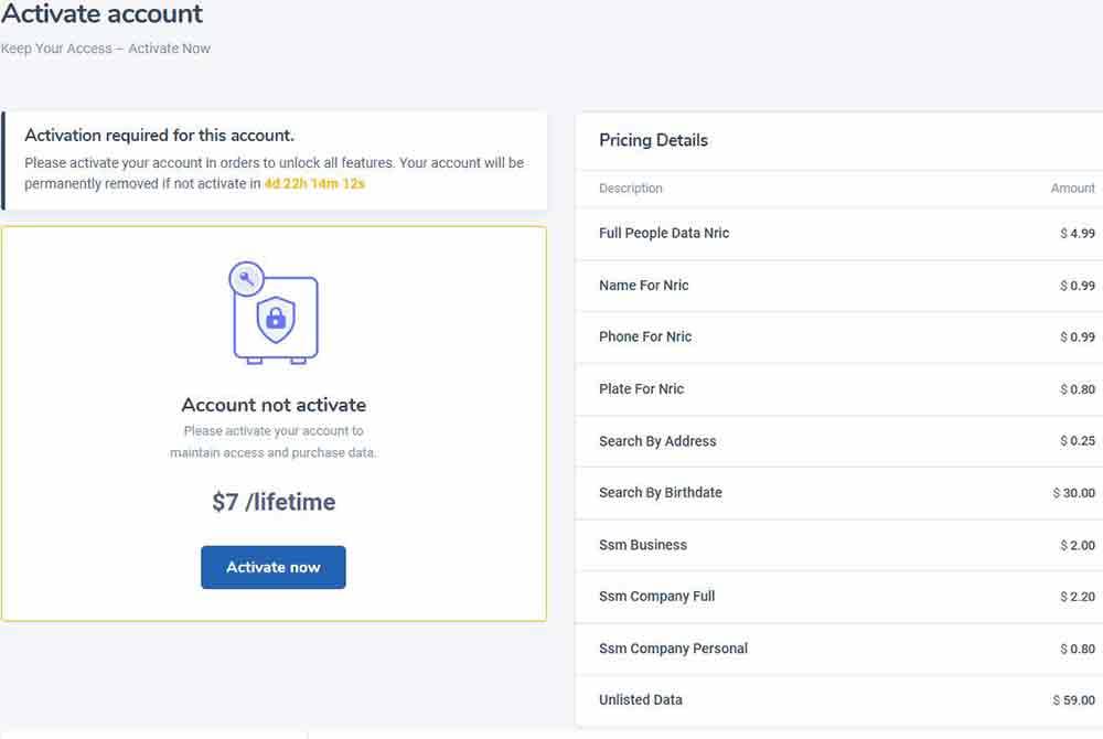 Caghi.com's display also provides a price list for unlocking the public's personal data.