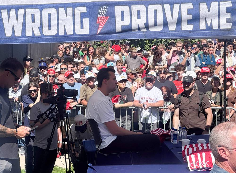 This screen grab from a video by Amy King shows right-wing youth activist and influencer Charlie Kirk speaking during a public event at Utah Valley University minutes before he was shot in Orem, Utah, on Sept 10, 2025. - (Photo by AMY KING / UGC / AFP)