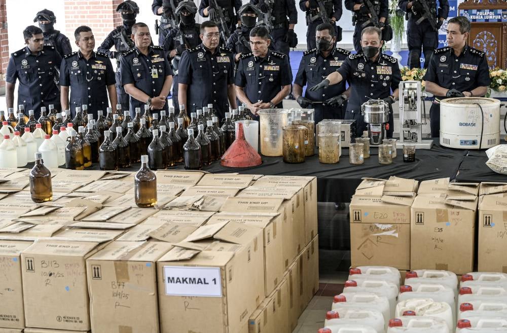 Inspector-General of Police Datuk Seri Mohd Khalid Ismail speaks at a press conference on the police' success in busting a syndicate involved in processing and distributing methylenedioxy-methamphetamine (MDMA), or ‘ecstasy,’ worth RM598.9 million at the Police Training Centre today. - Bernama photo