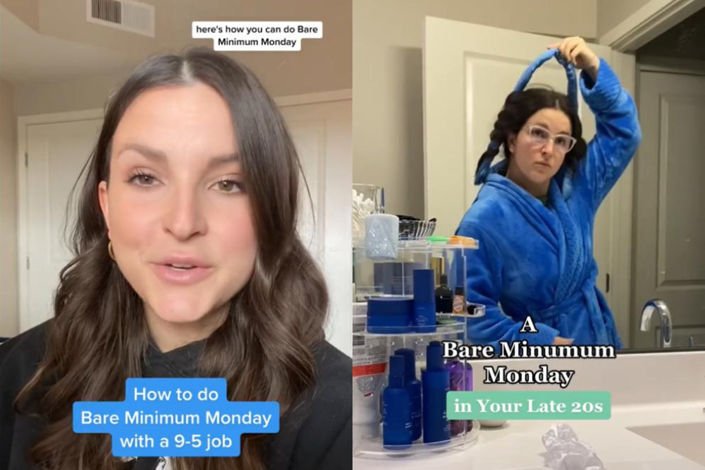 Marisa Jo Mayes's videos on bare minimum Mondays. Photo source: TikTok (@itsmarisjo), Edited via Canva.