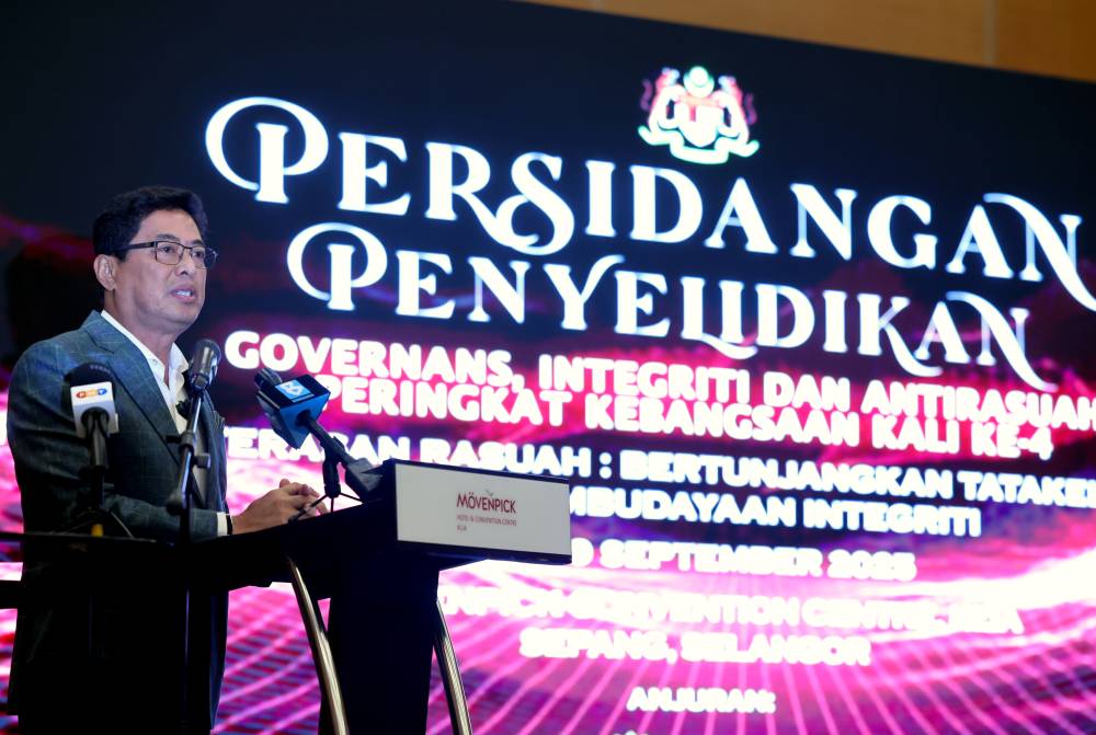 MACC chief commissioner Tan Sri Azam Baki delivering his speech at the 4th National Governance, Integrity and Anti-Corruption Research Conference 2025 today. - Photo by Bernama
