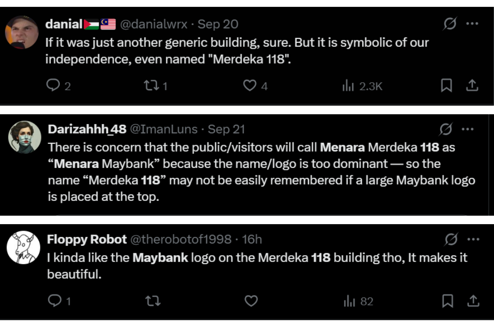 Screenshots of X users’ comments about the Maybank signage on Merdeka 118. 