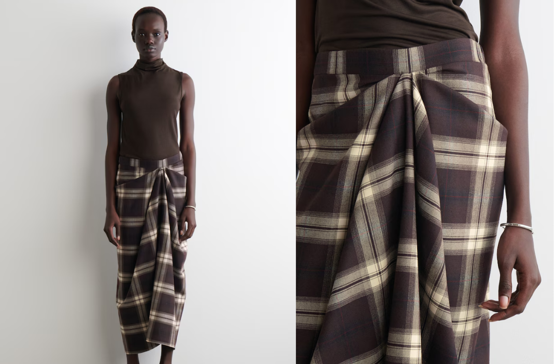 COS draped checked midi skirt from the Fall/Winter 2025 collection. - Photo: COS website 