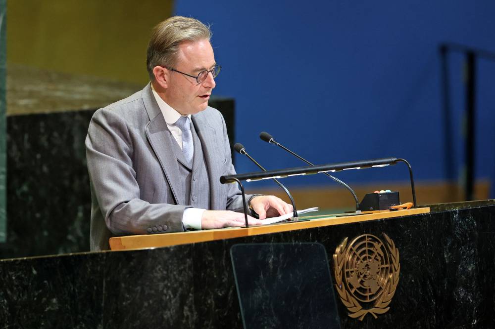 Belgium's Prime Minister Bart De Wever speaks during a United Nations Summit on Palestinians at UN headquarters during the United Nations General Assembly (UNGA) in New York on September 22, 2025. France and other countries prepared to recognize a Palestinian state as the UN's centerpiece diplomatic week got underway Monday, following a rash of Western governments in symbolically endorsing statehood and sparking Israel's wrath. (Photo by ANGELA WEISS / AFP)
