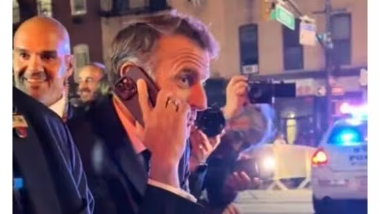 In New York for the UN General Assembly and rushing to a meeting from UN headquarters, French President Emmanuel Macron was to his astonishment told to go no further by police as the street was blocked by the convoy of US President Donald Trump. Photo: Screenshot of a viral video