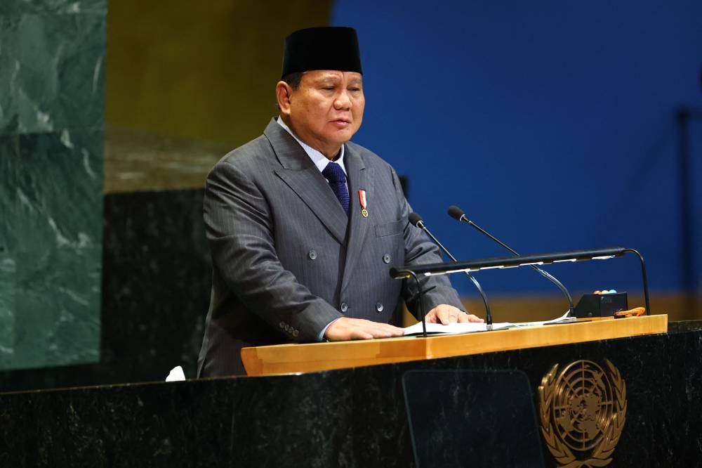 Indonesian President Prabowo Subianto speaks during a UN Summit on Palestinians at UN headquarters during the UNGA in New York on Sept 22, 2025. - (Photo by ANGELA WEISS / AFP)