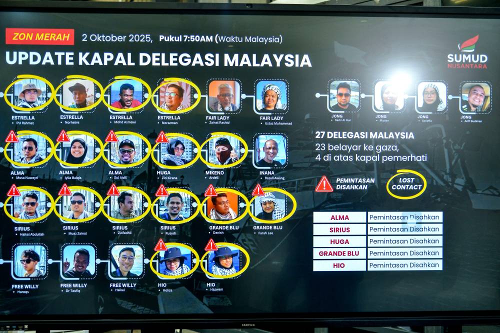 Staff at the Sumud Nusantara Control Centre (SNCC) are actively updating the latest status of the Global Sumud Flotilla (GSF) voyage and information on Malaysians who were intercepted and lost contact while en route to Gaza. Photo by Bernama