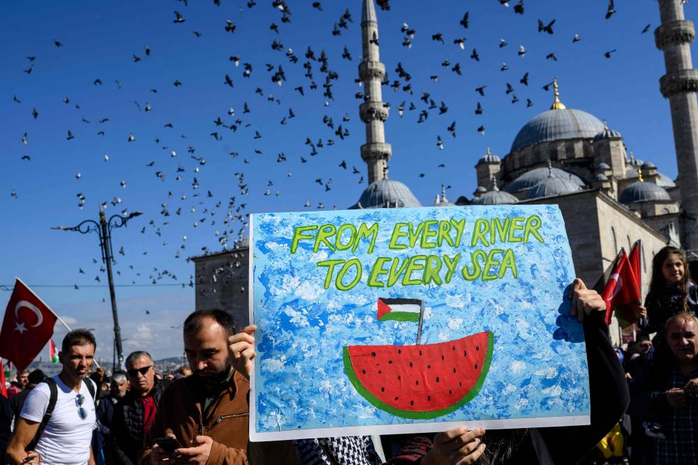 A demonstrator holds a placard reading "From every river to every sea" during a rally in solidarity with Palestinians with pigeons flying past the New Mosque in the background in Istanbul, on Oct 5, 2025. - (Photo by YASIN AKGUL / AFP)