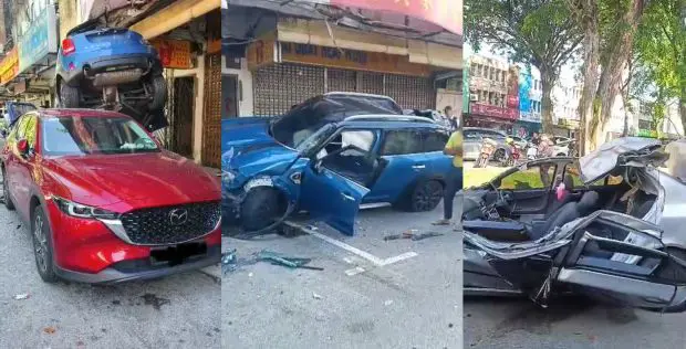 An insurance agent driving a Mini Cooper crashed into five cars after she mistakenly stepped on the gas pedal at Jalan Kuning, Taman Pelangi, here this morning. 