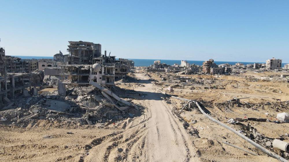 An aerial view shows the Al-Maqussi Towers district in northwestern Gaza City during a ceasefire between Israel and Palestinian factions after two years of war, on Oct 15, 2025. Photo by AFP