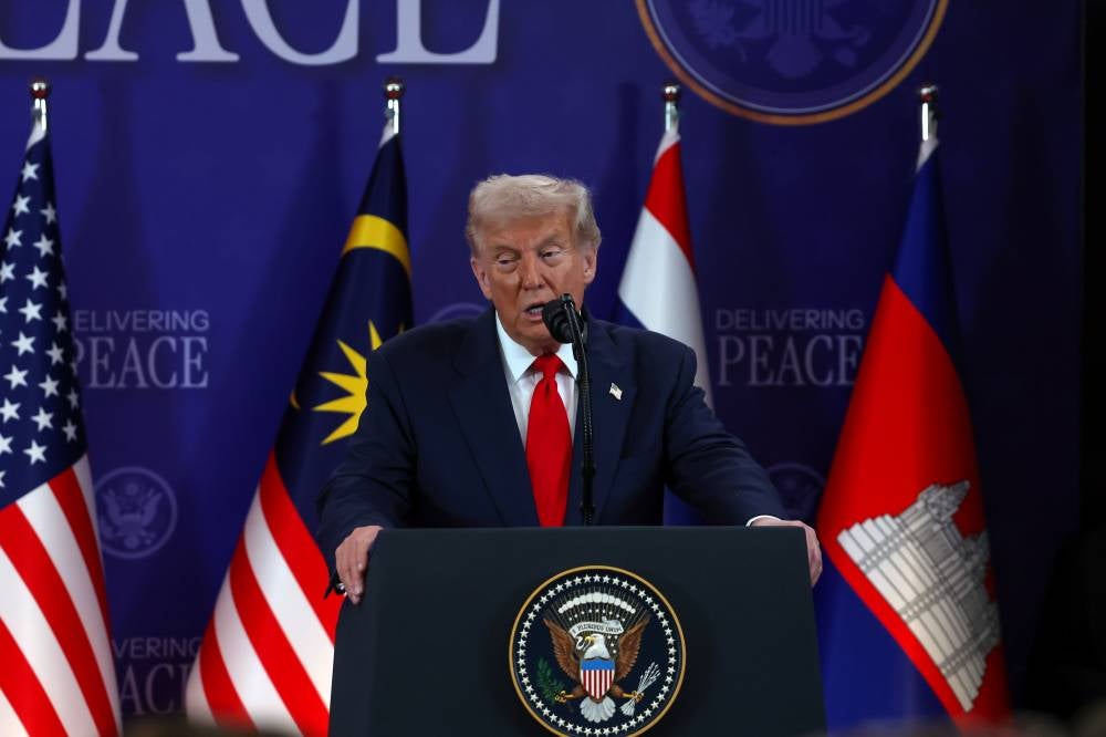 United States President Donald Trump delivers his remarks at the signing of the Cambodia-Thailand peace deal during the 47th ASEAN Summit and Related Summits at the Kuala Lumpur Convention Centre (KLCC) today (Oct 26, 2025). (PHOTO BY BERNAMA)
-- fotoBERNAMA (2025) COPYRIGHT RESERVED