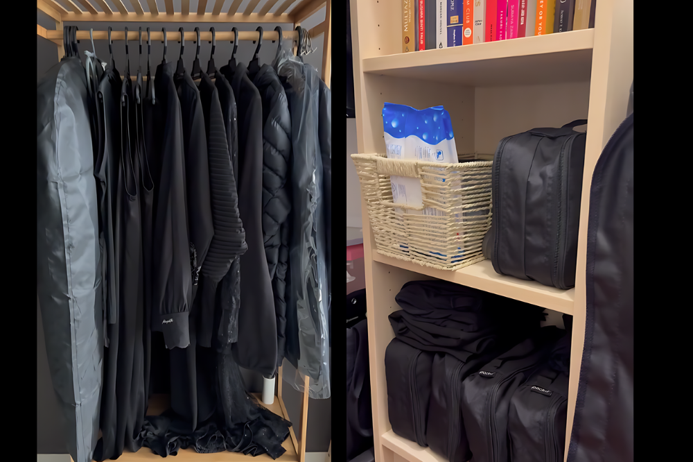 The furniture and clothes neatly arranged inside the small room at their clinic. Photo: X/minimyalist
