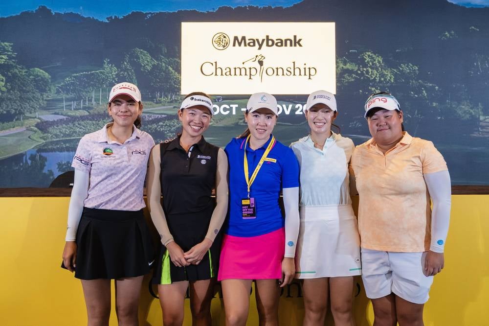 Malaysian golfers (from left) Liyana Durisic, Genevieve Ling, Kelly Tan, Ashley Lau, and Mirabel Ting during a press conference ahead of the Maybank Championship 2025 at the Kuala Lumpur Golf & Country Club (KLGCC). Photo by Bernama