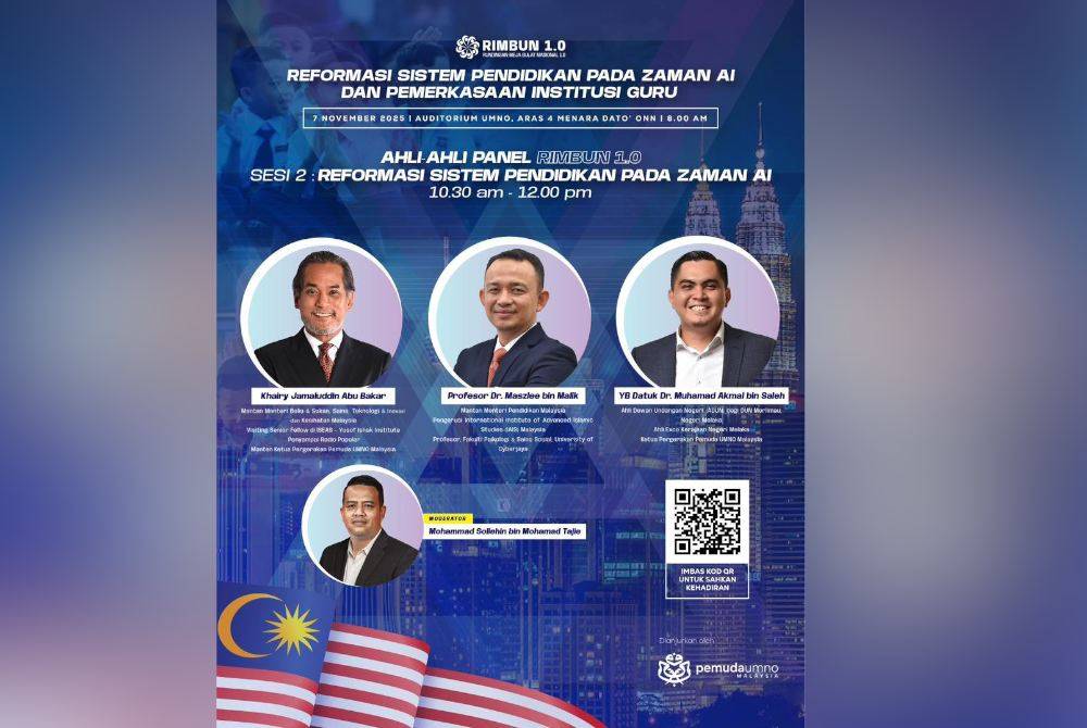 A poster featuring Khairy Jamaluddin, Dr Maszlee Malik and Akmal Salleh as panellists for the Rimbun 1.0 programme organised by Umno Youth at the Umno Auditorium, Menara Dato’ Onn, Kuala Lumpur.