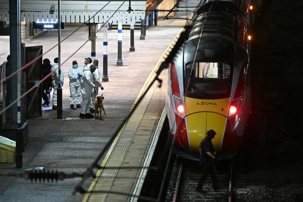 Police officers and a dog handler work on the platform alongside an LNER Azuma train at Huntingdon Station in Huntingdon, eastern England, on Nov 1, 2025, following a stabbing on a train. - (Photo by JUSTIN TALLIS / AFP)