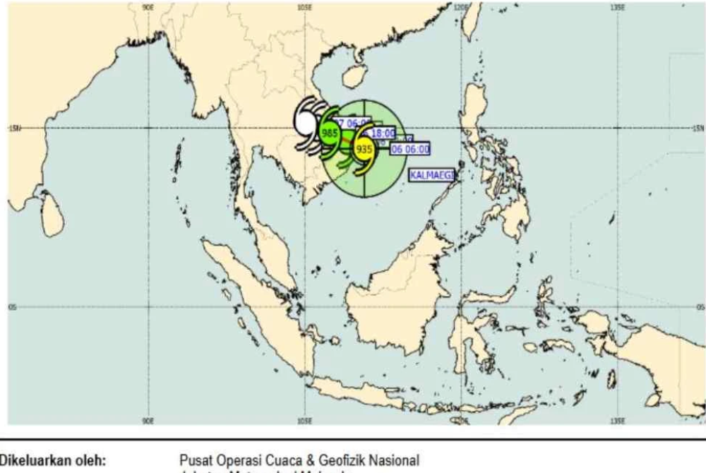 Based on MetMalaysia's observation at 8pm yesterday, the typhoon is moving towards the northwest at a speed of 30 km/h and has a potential maximum speed of 194 km/h.