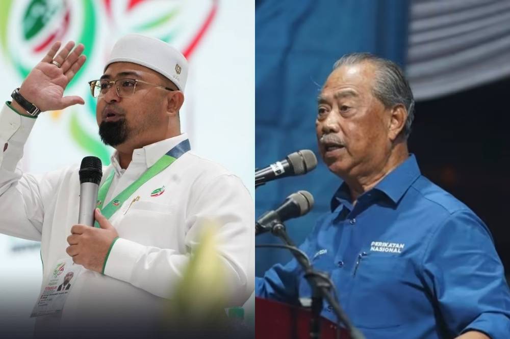Selangor Pas Youth Chief Mohamed Sukri Omar (left) supported PN Chairman Tan Sri Muhyiddin Yassin, saying anti-Pas sentiment in Sabah is misplaced, as past mismanagement was due to previous local leaders, not Pas. Photo: Edited via Canva