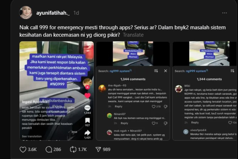 Screenshots from Threads showing users discussing delays and issues with the NG MERS 999 response.