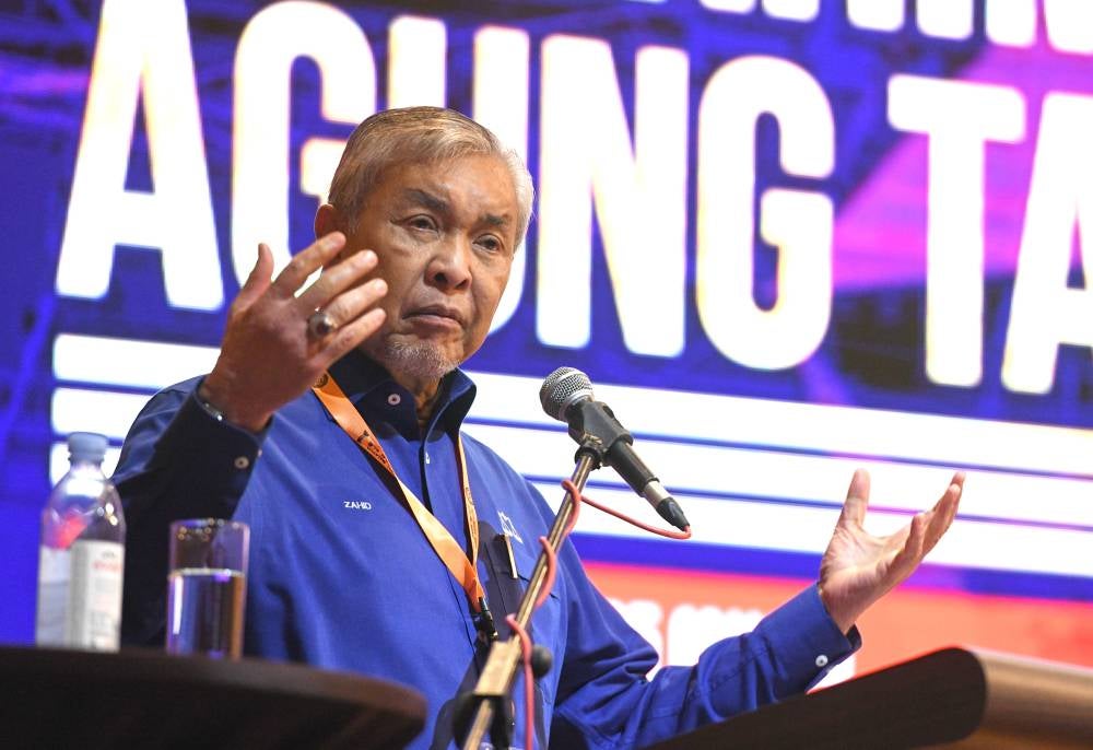 Deputy Prime Minister and Barisan Nasional chairman Datuk Seri Dr Ahmad Zahid Hamidi during his speech at Parti Makkal Sakti's 17th Annual General Assembly in Butterworth, Penang on Dec 21, 2025. (BERNAMA PHOTO)