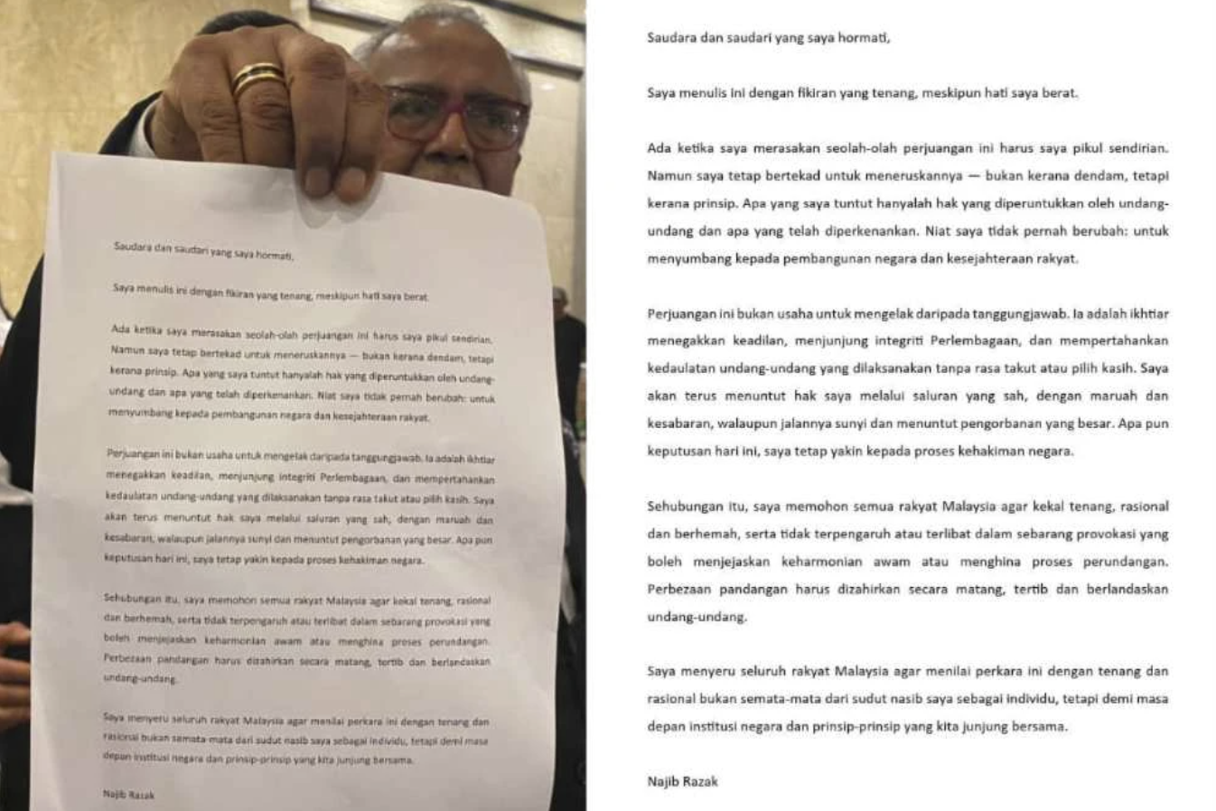 Former prime minister Datuk Seri Najib Razak says he remains steadfast in pursuing his legal rights, stressing that his struggle is driven by principle rather than vengeance and is aimed at upholding justice and the rule of law.