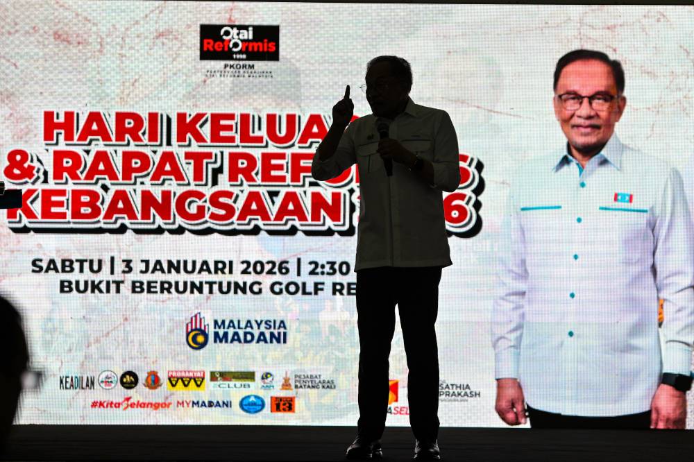 Prime Minister Datuk Seri Anwar Ibrahim delivering a speech at the 2026 National Reformist Family Day and Gathering at Bukit Beruntung Golf Resort in Rawang on Jan 3, 2026. 