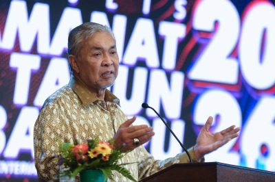 Deputy Prime Minister and Rural and Regional Development Minister Datuk Seri Ahmad Zahid Hamidi delivering his speech at the ministry's Majlis Amanat Tahun Baharu 2026. - Bernama photo