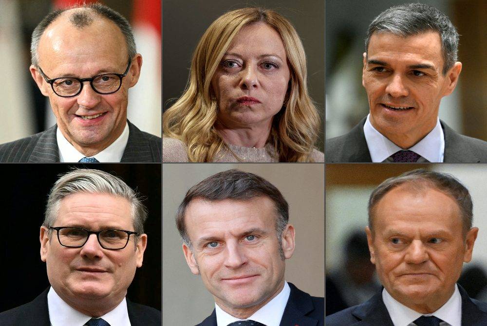 This combination of pictures shows (clockwise, from top L) Germany's Chancellor Friedrich Merz, Italy’s Prime Minister Giorgia Meloni, Spain's Prime Minister Pedro Sanchez, Poland's Prime Minister Donald Tusk, France's President Emmanuel Macron and Britain's Prime Minister Keir Starmer. A group of European leaders on Jan 6, 2026 underlined their support for Denmark after US President Donald Trump again voiced designs on its autonomous Arctic territory of Greenland. - (Photo by AFP)