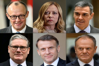 This combination of pictures shows (clockwise, from top L) Germany's Chancellor Friedrich Merz, Italy’s Prime Minister Giorgia Meloni, Spain's Prime Minister Pedro Sanchez, Poland's Prime Minister Donald Tusk, France's President Emmanuel Macron and Britain's Prime Minister Keir Starmer. A group of European leaders on Jan 6, 2026 underlined their support for Denmark after US President Donald Trump again voiced designs on its autonomous Arctic territory of Greenland. - (Photo by AFP)