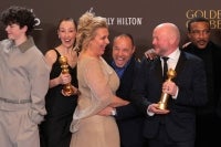 (L/R) British actor Owen Cooper, British actress Erin Doherty, British actress Hannah Walters, British actor Stephen Graham and British actor Ashley Walters, winners of the Best Television Limited Series, Anthology Series, or Motion Picture Made for Television Award for "Adolescence," pose in the press room during the 83rd annual Golden Globe Awards at the Beverly Hilton hotel in Beverly Hills, California, on January 11, 2026. (Photo by Etienne LAURENT/AFP)