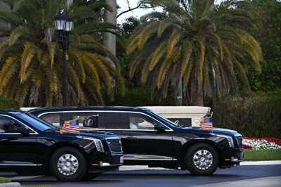 The motorcade with US President Donald Trump returns to Mar-a-Lago club in Palm Beach, Florida on January 11, 2026. (Photo by ANDREW CABALLERO-REYNOLDS / AFP)