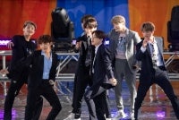 Kim Tae-hyung, Park Ji-min, Jungkook, Suga, Kim Seok-jin, RM and J-Hope of BTS perform on "Good Morning America" on May 15, 2019 in New York City. - (Photo by Noam Galai / Getty Images via AFP)