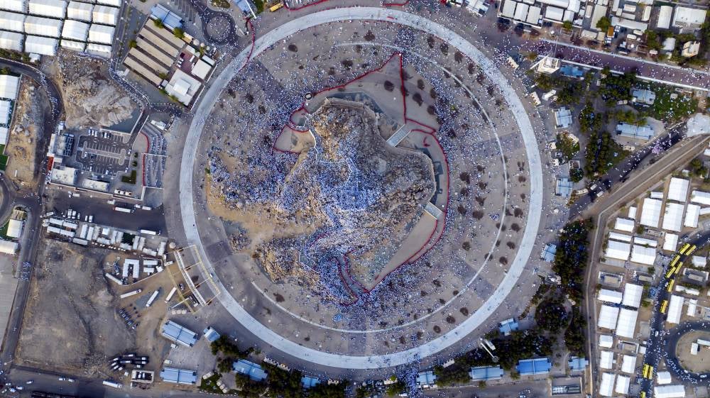 A drone image by the Saudi Press Agency (SPA) captured thousands of pilgrims from around the world gathered at Jabal al-Rahmah during the wukuf in Arafah. - BERNAMA FILE PIX