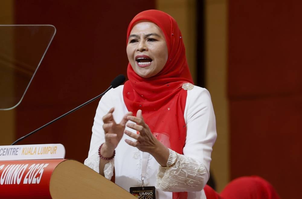 Umno Women’s chief Datuk Seri Dr Noraini Ahmad delivers her policy speech at the 2025 Umno Women’s General Assembly at the World Trade Centre Kuala Lumpur (WTCKL) on Jan 15, 2026. 