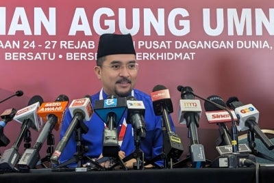 Umno secretary-general Datuk Dr Asyraf Wajdi Dusuki speaking at a press conference at the World Trade Centre (WTC) here today.