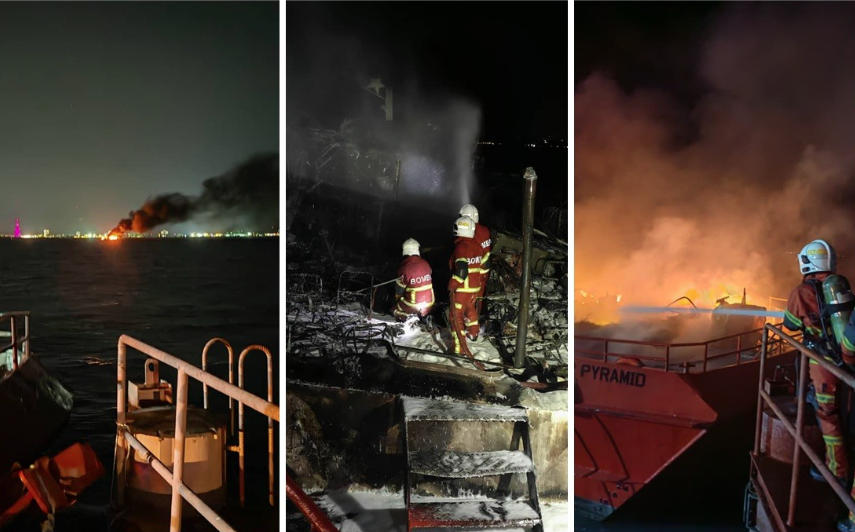 Three passenger ferries stationed at a shipyard in Bukit Malut near Langkawi were destroyed in a fire that broke out last night. Photo: Fire and Rescue Department