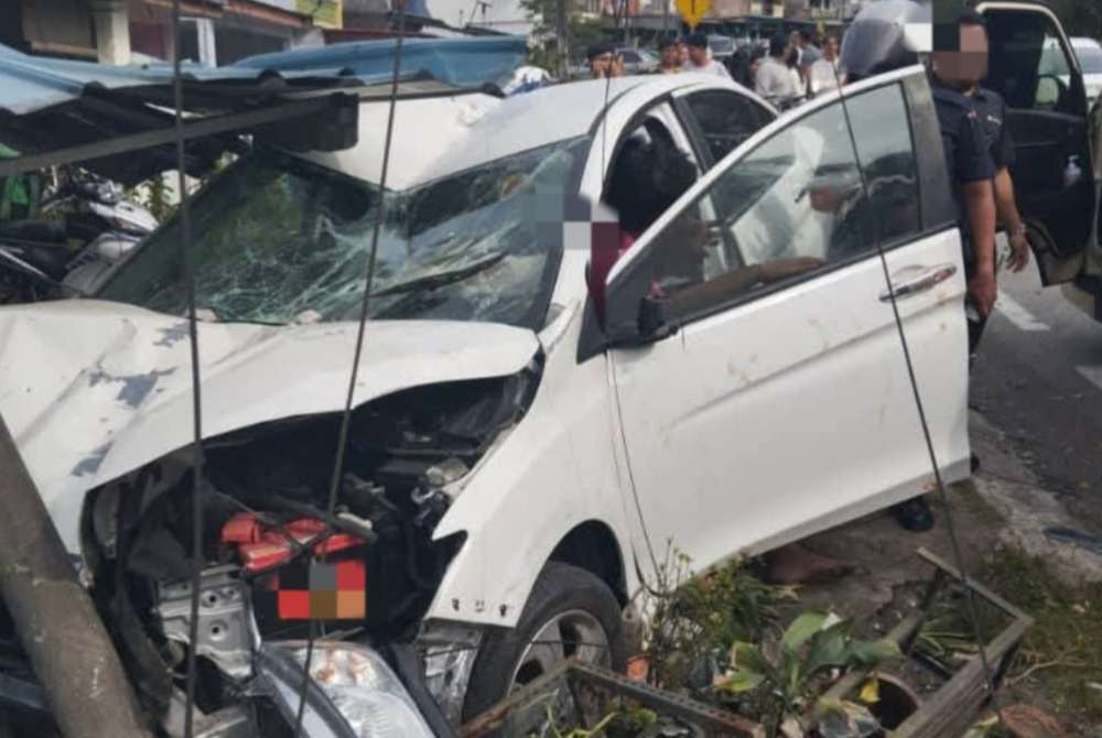 A dog that suddenly crossed the road is believed to have caused an accident involving three cars, a motorcycle and a house along Jalan Permas 1, Permas Jaya, on Monday afternoon. Photo: Social media