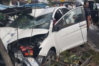 A dog that suddenly crossed the road is believed to have caused an accident involving three cars, a motorcycle and a house along Jalan Permas 1, Permas Jaya, on Monday afternoon. Photo: Social media
