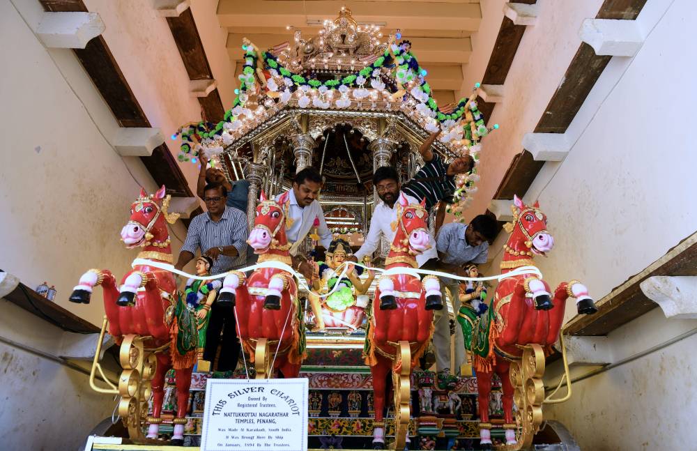 The silver-plated chariot will carry a statue of Lord Murugan in a procession on Jan 31 from Kovil Veedu, Lebuh Penang to Nattukotai Chettiar Temple, Jalan Kebun Bunga. Photo by Bernama