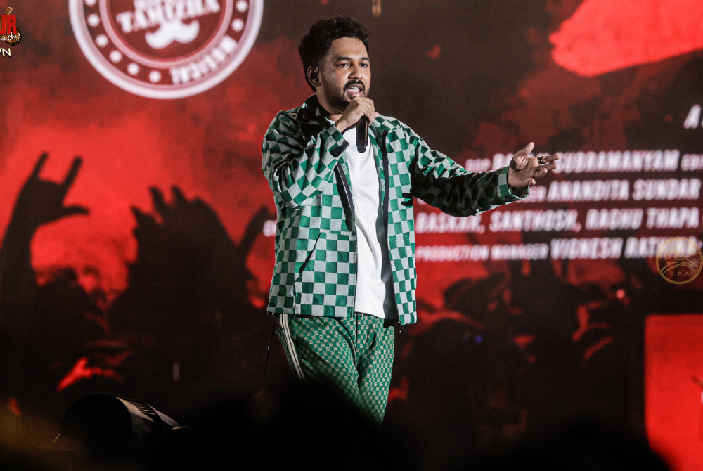 Hip Hop Tamizha pumps up the energy on stage during its ‘Return of the Dragon’ concert at Stadium Merdeka.