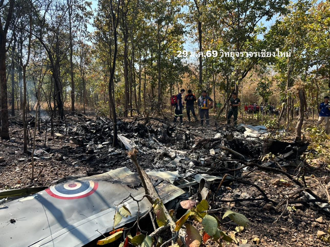 A military plane crashed in a forested area of northern Thailand during a training flight on Thursday, killing the two pilots on board. Photo: Facebook/Police Traffic Radio in Chiang Mai 