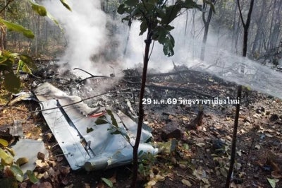 A military plane crashed in a forested area of northern Thailand during a training flight on Thursday, killing the two pilots on board. Photo: Facebook/Police Traffic Radio in Chiang Mai 