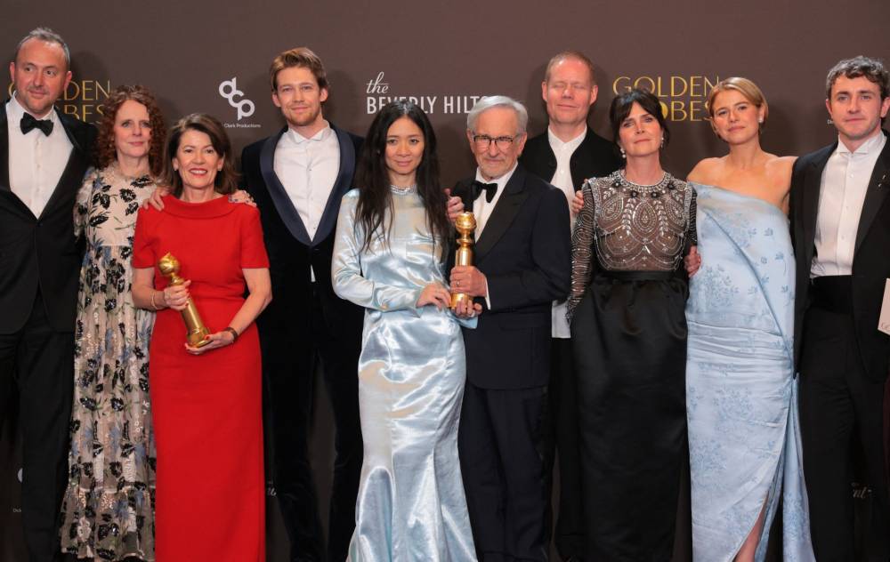 (L/R) Nicolas Gonda, Maggie O'Farrell, Pippa Harris, Joe Alwyn, Chloe Zhao, Steven Spielberg, Max Richter, Liza Marshall, Jessie Buckley, Paul Mescal and Jacobi Jupe, winners of the Best Motion Picture - Drama Award for 
