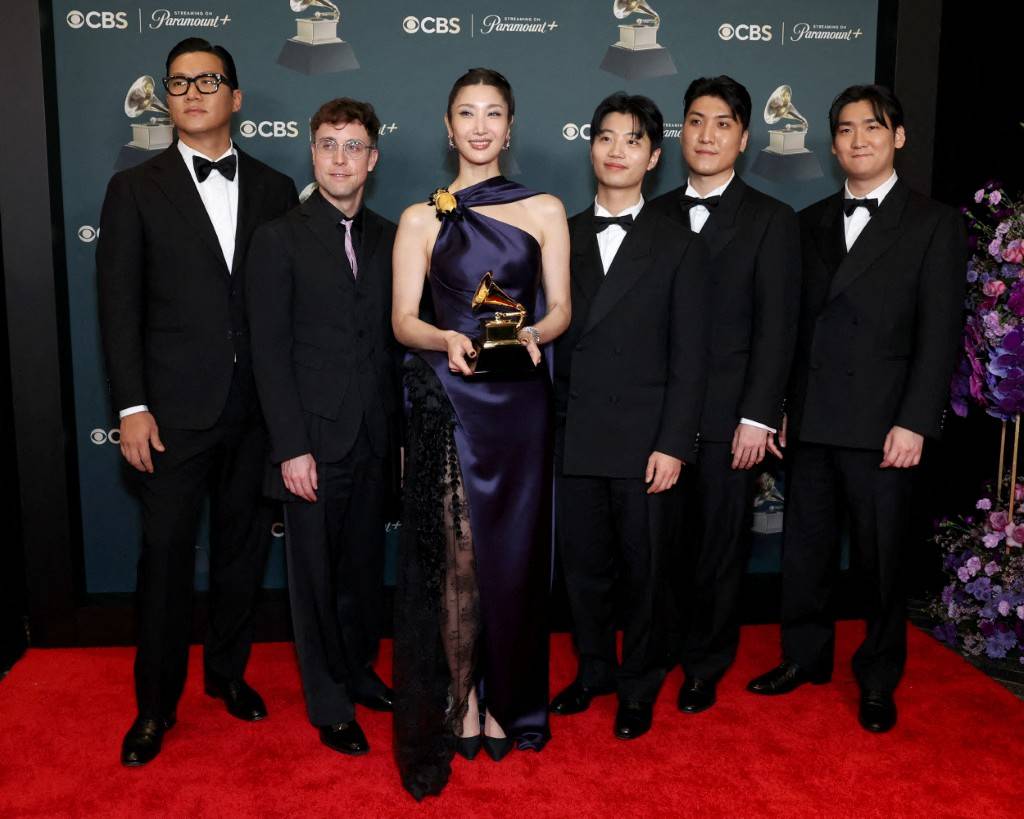 (L-R) Jeong Hoon Seo, Mark Sonnenblick, EJAE, Yu Han Lee, Park Hong Jun, and Hee Dong Nam, winners of Best Song Written for Visual Media for 