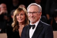BEVERLY HILLS, CALIFORNIA - JANUARY 11: (FOR EDITORIAL USE ONLY) (L-R) Kristie Macosko Krieger and Steven Spielberg attend the 83rd Annual Golden Globe Awards at The Beverly Hilton on January 11, 2026 in Beverly Hills, California. (Photo by Amy Sussman / AFP)